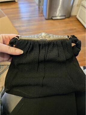 Antique Trinity Plate Evening Bag Filigree Frame Pearl Clasp Mirror Comb Set